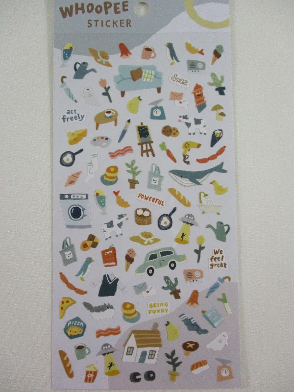 Cute Kawaii MW Whoopee Series - B - Feel Great Powerful freely Vacation Breakfast Food Bread coffee Whale Animal Farm Blue Grey Sticker Sheet - for Journal Planner Craft