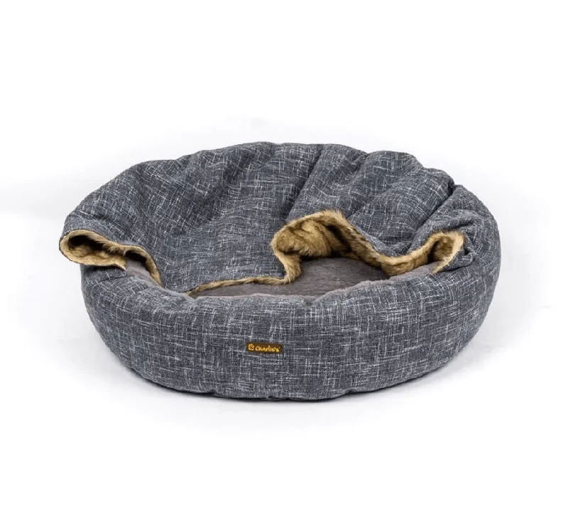 Charlie’s – Snookie Hooded Pet Bed – Faux Wolf Fur & Linen – Dark Grey